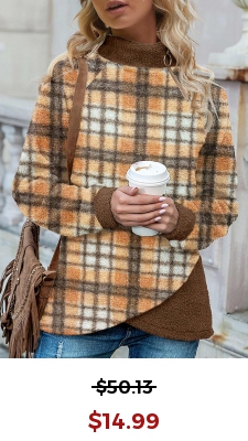 Coffee Camel Cross Hem Tartan Print Sweatshirt