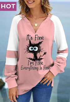 Light Pink Patchwork Letter Print Long Sleeve Sweatshirt