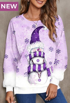 Christmas Purple Snowman Print Long Sleeve Sweatshirt