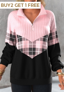 Light Pink Zipper Tartan Print Long Sleeve Sweatshirt