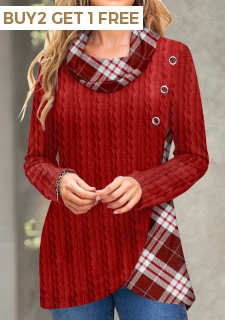Red Twisted Plaid Long Sleeve Cowl Neck Sweatshirt