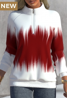 Red Zipper Ombre Long Sleeve High Neck Sweatshirt