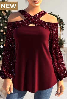 Wine Red Sequin Long Sleeve T Shirt