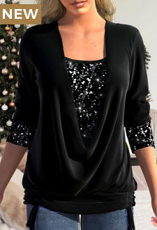 Black Sequin Long Sleeve Square Neck T Shirt