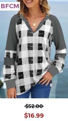Plaid Split Neck Grey Long Sleeve Sweatshirt