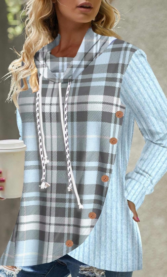 Blue Button Plaid Long Sleeve Cowl Neck Sweatshirt