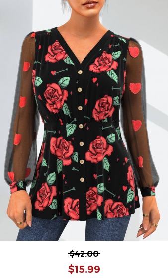 Valentines Lace Stitching Black Rose Print Blouse