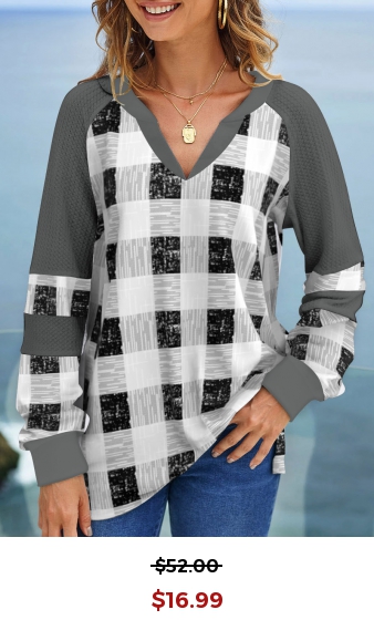 Plaid Split Neck Grey Long Sleeve Sweatshirt