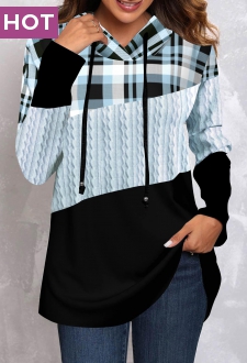 Light Blue Twisted Tartan Print Long Sleeve Hoodie