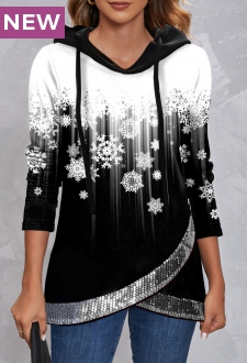 Christmas Snowflake Print Cross Hem Sequin Black Hoodie