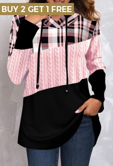 Pink Tartan Print Long Sleeve Hoodie
