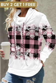 Pink Drawstring Snowflake Print Long Sleeve Sweatshirt