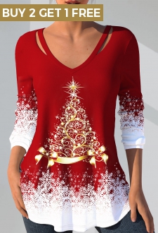 Red Cut Out Christmas Print T Shirt