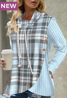 Blue Button Plaid Long Sleeve Cowl Neck Sweatshirt
