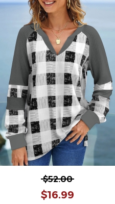 Plaid Split Neck Grey Long Sleeve Sweatshirt