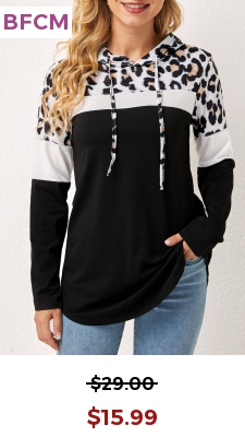 Hooded Collar Drawstring Leopard Long Sleeve T Shirt