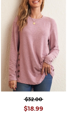 Decorative Button Pink Long Sleeve Round Neck T Shirt