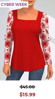 Valentines Plaid Red Square Neck Long Sleeve T Shirt