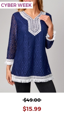 Lace Tassel 3/4 Sleeve Navy Blue T Shirt