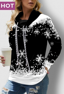 Long Sleeve Black Christmas Snowflake Print Sweatshirt