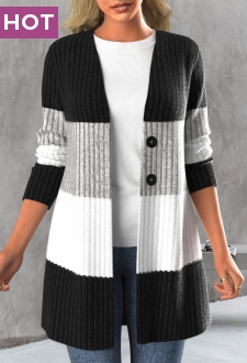 Black Button Contrast Color Long Sleeve Cardigan