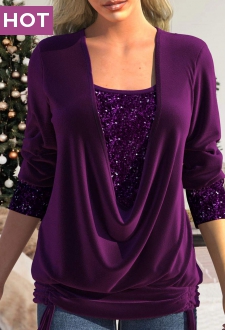 Purple Sequin Long Sleeve Square Neck T Shirt