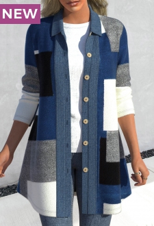 Denim Blue Patchwork Geometric Print Long Sleeve Coat