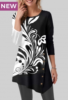 Black Button Floral Print Long Sleeve T Shirt