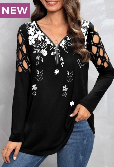 Black Zipper Floral Print Long Sleeve T Shirt