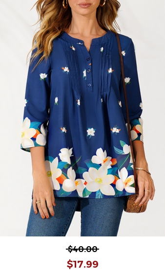 Floral Print Navy Blue Split Neck Blouse