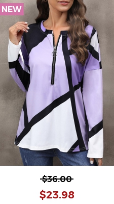 Purple Zipper Long Sleeve Round Neck T Shirt