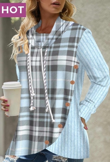 Blue Button Plaid Long Sleeve Cowl Neck Sweatshirt