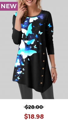 Black Button Butterfly Print Long Sleeve T Shirt