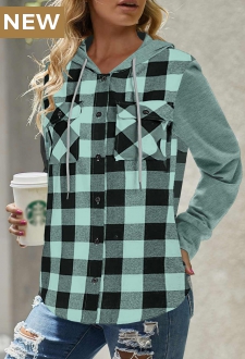 Mint Green Pocket Plaid Long Sleeve Hoodie