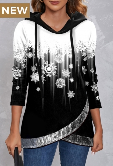 Christmas Snowflake Print Cross Hem Sequin Black Hoodie
