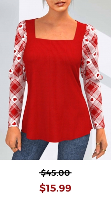 Valentines Plaid Red Square Neck Long Sleeve T Shirt