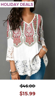 Lace Patchwork Tribal Print White Blouse