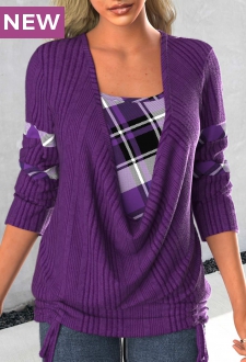 Dark Purple Patchwork Plaid Long Sleeve Sweatshirt