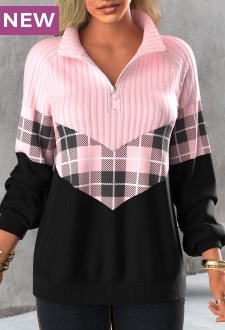 Light Pink Zipper Tartan Print Long Sleeve Sweatshirt