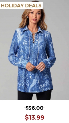 Lace Up Printed Long Sleeve Turndown Collar T Shirt