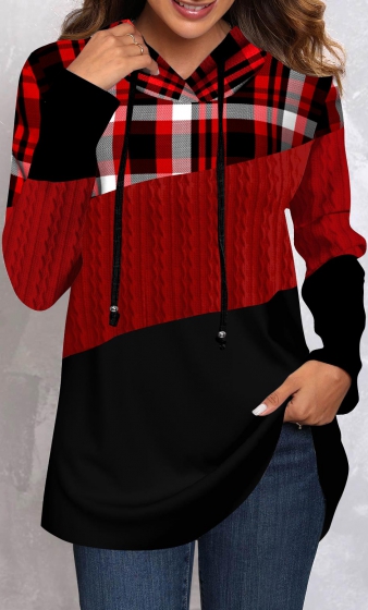 Red Twisted Tartan Print Long Sleeve Hoodie