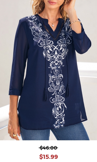 Navy Blue Split Neck Tribal Print Blouse