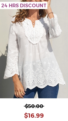 Lace Stitching White Split Neck Hollow Embroidery Blouse