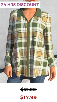 Plaid Turndown Collar Green Long Sleeve Blouse