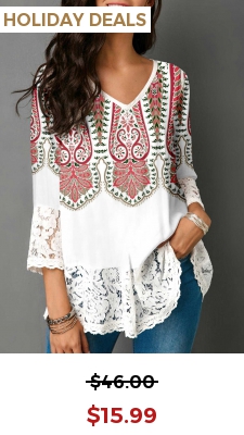 Lace Patchwork Tribal Print White Blouse