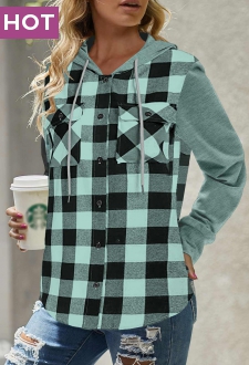 Mint Green Pocket Plaid Long Sleeve Hoodie