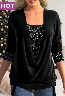 Black Sequin Long Sleeve Square Neck T Shirt