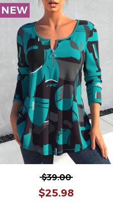 Turquoise Zipper Geometric Print Long Sleeve T Shirt
