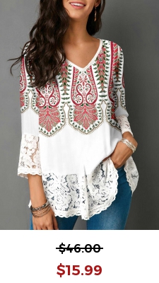 Lace Patchwork Tribal Print White Blouse