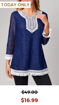 Lace Tassel 3/4 Sleeve Navy Blue T Shirt